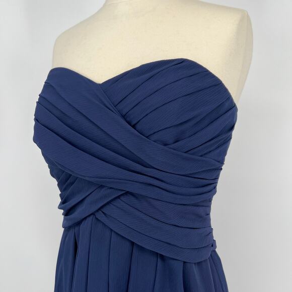 David’s Bridal Marine Navy Blue Dress 10 Strapless Crepe Chiffon Ruched Cascade - Picture 3 of 12